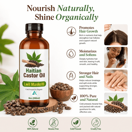 Haitian Castor Oil 100% Lwil Maskriti | Cold Pressed Organic Hair & Skin Oil 8oz